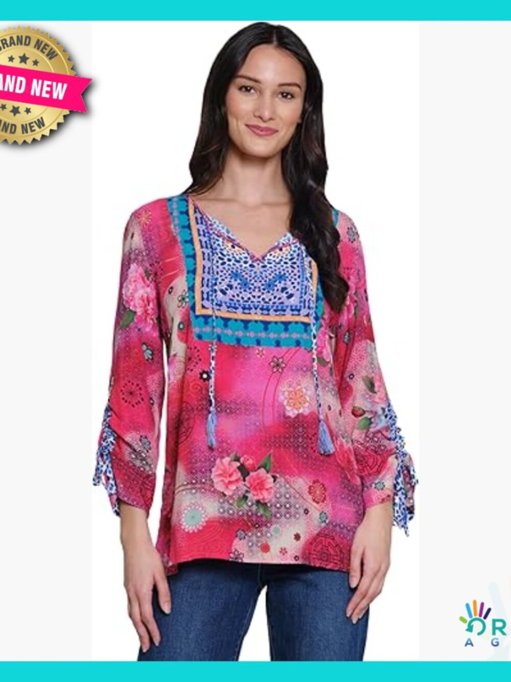Embroidered Tunic Top With Tassel Ties And Blanket Stitch Detail Elegant Chic